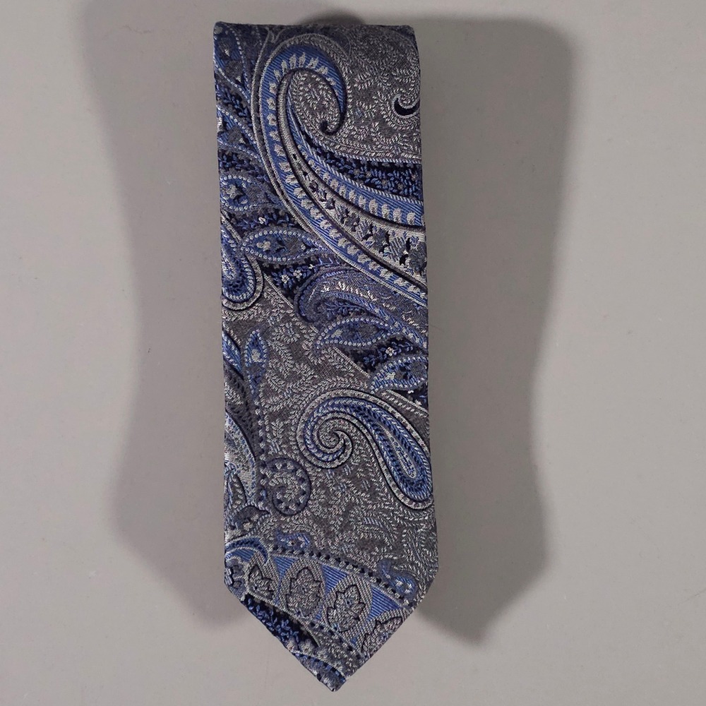 Tino Cosma Tie Mens OS Blue Grey Paisley Silk Wool Blend Made in Italy